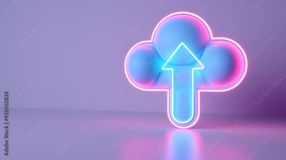 Poster neon cloud upload symbol with glowing arrow. concept of data transfer, cloud computing, and modern t