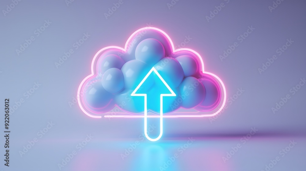 Poster neon cloud with an upward arrow, symbolizing cloud computing and data upload, on a pastel backdrop. 