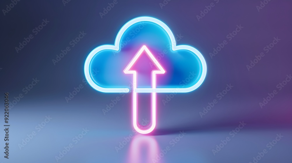 Poster neon cloud with an upward arrow symbolizing cloud storage and data upload in a futuristic blue and p