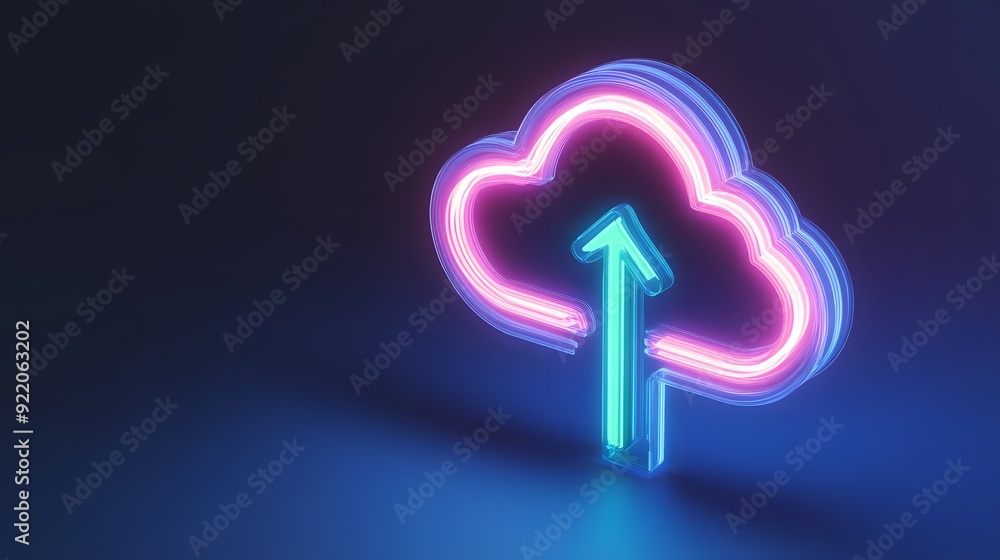 Poster neon cloud with arrow icon, symbolizing cloud computing, data upload, and internet technology, in a 