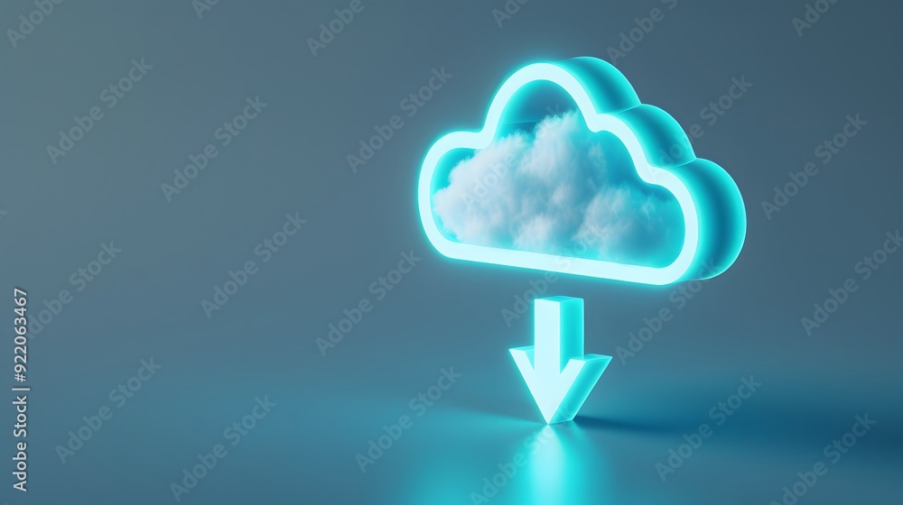 Poster neon cloud with arrow symbolizing cloud computing and data download, giving a futuristic and technol