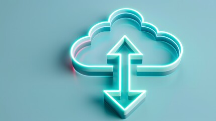 Obraz premium Neon cloud with arrows representing cloud computing upload and download data concept on a blue background.
