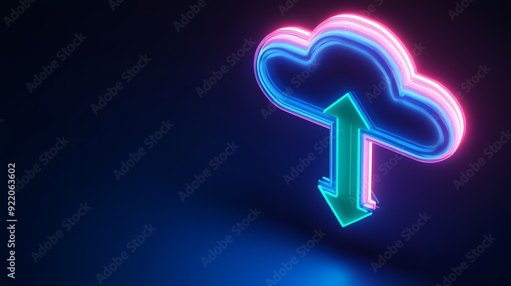 Poster neon cloud with up and down arrows symbolizing data transfer in a dark, futuristic style. ideal for 