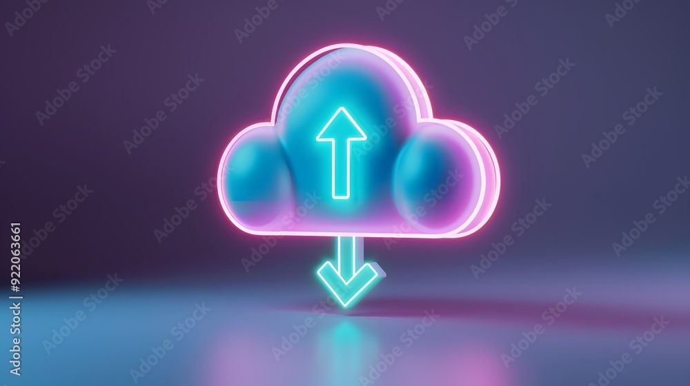 Poster neon cloud with upload and download arrows representing data transfer and cloud storage in a futuris