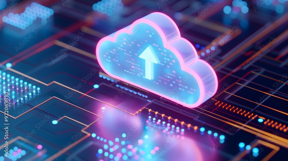 Poster neon digital cloud technology concept. 3d rendering of glowing cloud icon with an arrow, representin