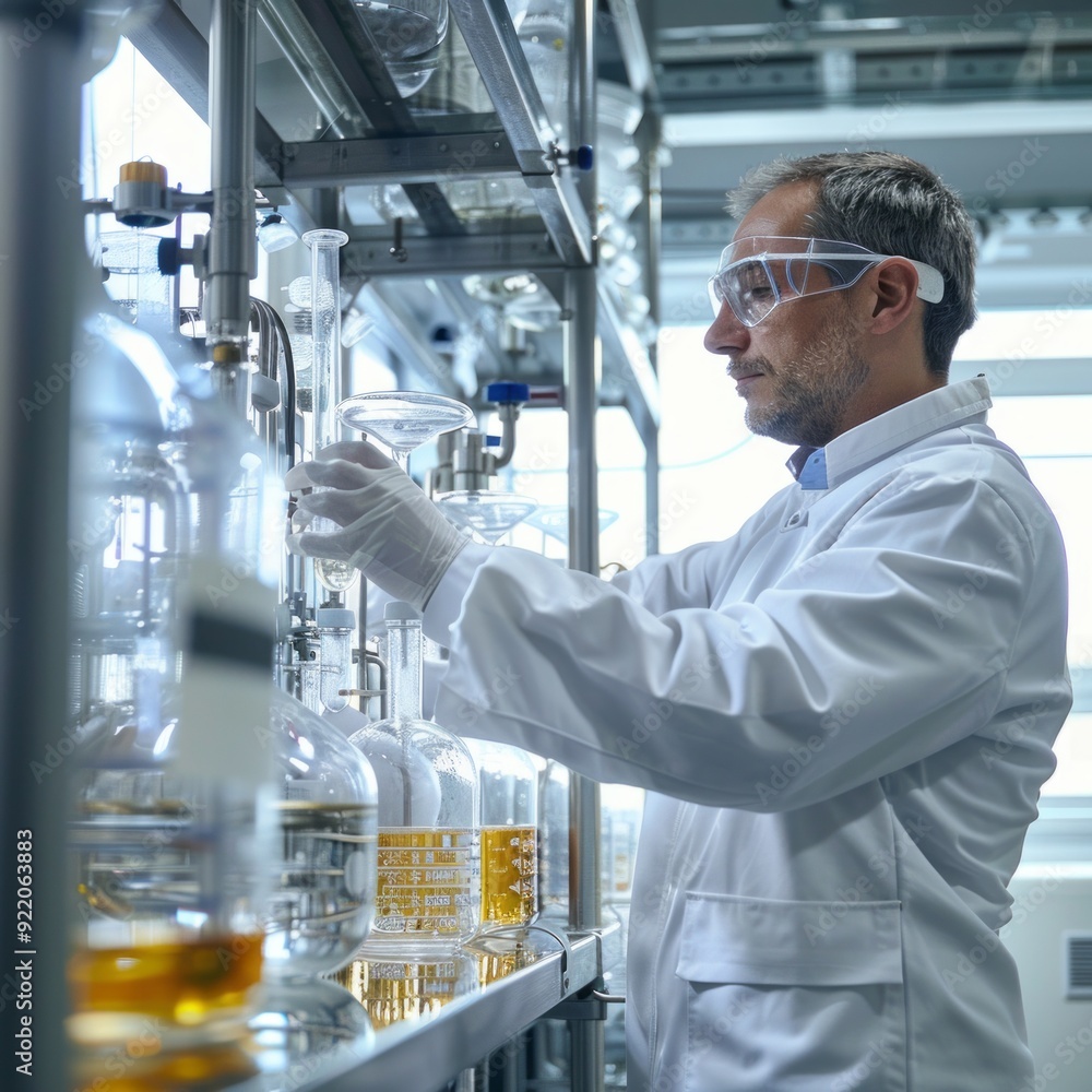 Poster a man in a lab coat is working with various chemicals and beakers