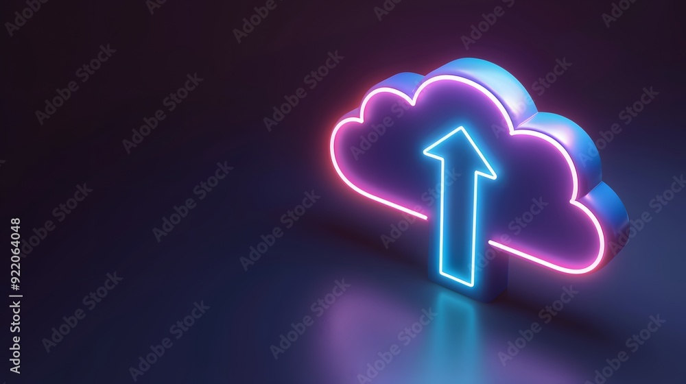 Poster neon glowing cloud icon with an upward arrow, symbolizing cloud computing and data upload technology