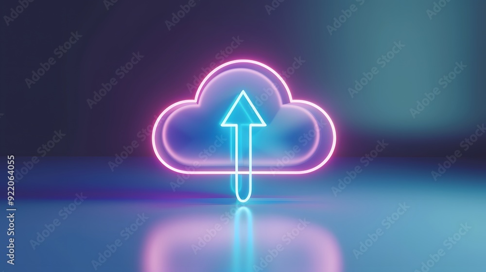 Poster neon glowing cloud icon with an upward arrow symbolizing cloud computing, storage, and data transfer