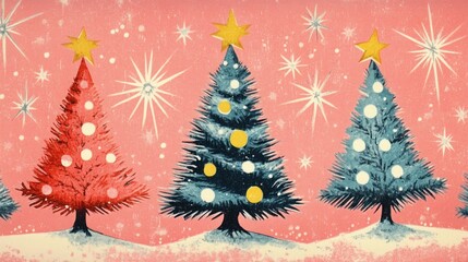 1950s Vintage Christmas Tree Pattern on Pink Background