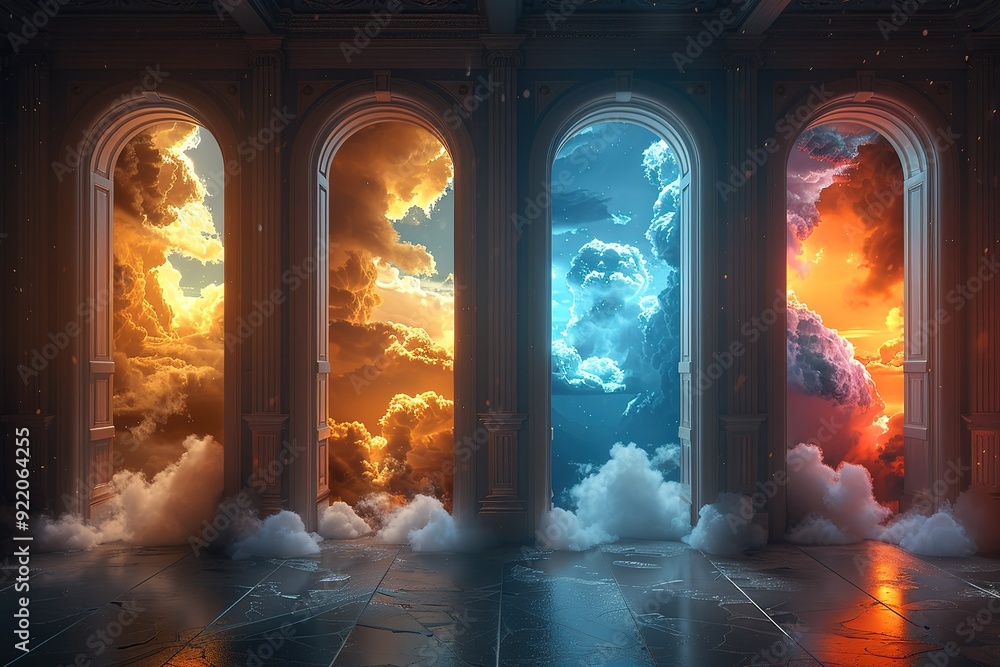 Poster four arched windows with clouds in them, each with a different color