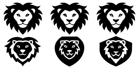 Set of lion face icons silhouette vector art style illustration
