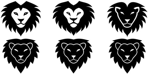 Set of lion face icons silhouette vector art style illustration
