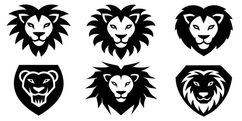 Set of lion face icons silhouette vector art style illustration
