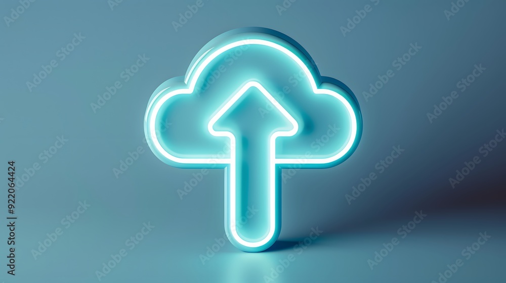 Poster neon glowing cloud upload icon representing online data storage, cloud computing, and digital file s