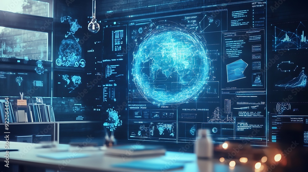 Poster high-tech smart classroom with holographic lessons and ai-enhanced learning experiences