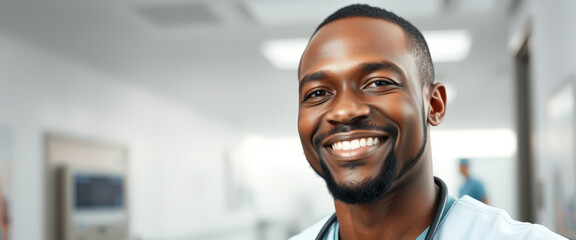 Naklejka premium Portrait of a smiling African American doctor in a hospital corridor
