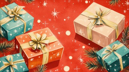 1950s Vintage Christmas Gift Boxes Pattern on Red Background
