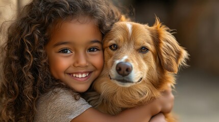 Joyful Girl Embracing Fluffy Dog in Sunny Outdoor Scene