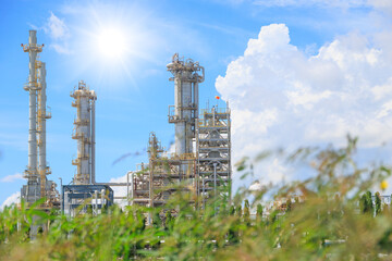 Obraz premium Green plant with Industrial, Oil and Gas Refinery plant with tree. Green industry eco production for sustainable saving environmental friendly low carbon footprint concept.