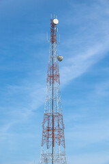 Telecommunication tower 5G Signal tower, Wireless Antenna connection system of communication systems against blue sky