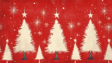 Retro 1950s Christmas Tree Pattern on Red Background