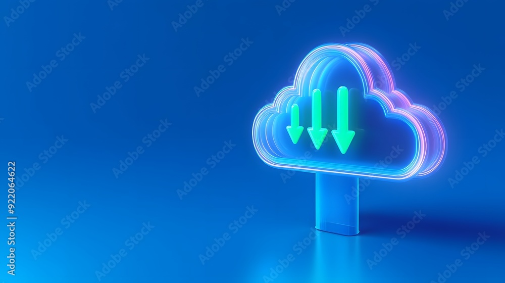 Poster neon glowing cloud with download and upload arrows symbolizing data transfer in a digital cloud stor