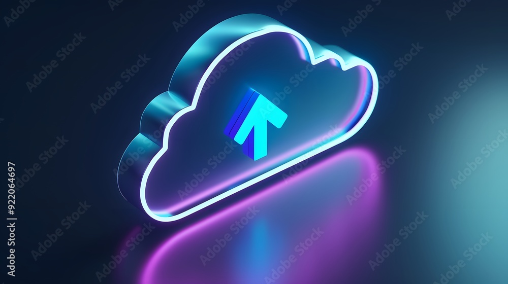 Poster neon glowing cloud-shaped icon with an upward arrow, representing cloud computing and data upload, a