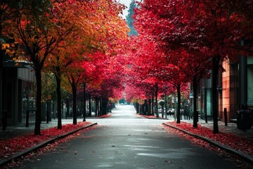 A city street lined with trees, their leaves changing colors in a gradient from green to red. 