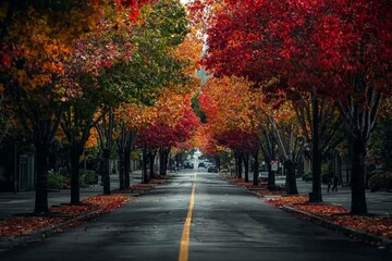 Naklejka premium A city street lined with trees, their leaves changing colors in a gradient from green to red. 