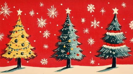 Retro 1950s Christmas Tree Pattern on Red Background
