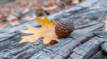 An acorn sitting on an oak leaf