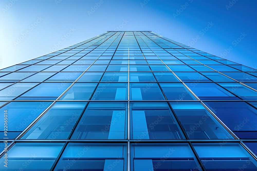 Poster a tall building with many windows and a blue sky in the background