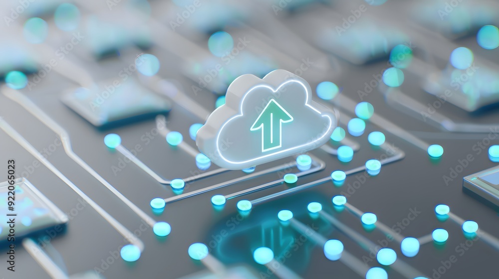 Poster secure cloud storage and data upload concept with digital connections and virtual cloud icon. modern
