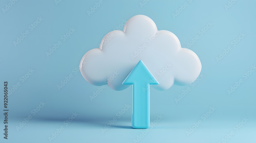 Poster stylized cloud icon with an upward arrow symbolizing cloud storage and data upload. minimalist desig