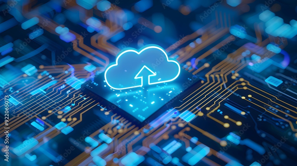 Poster technology concept of cloud computing with a cloud icon on a circuit board, symbolizing data transfe
