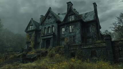 Haunted, old mansion on a hill with cracked windows, overgrown gardens, and ghostly figures at the windows