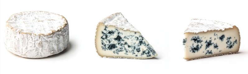 Blue cheese, realistic photography, white background; three different angles of blue cheese 
