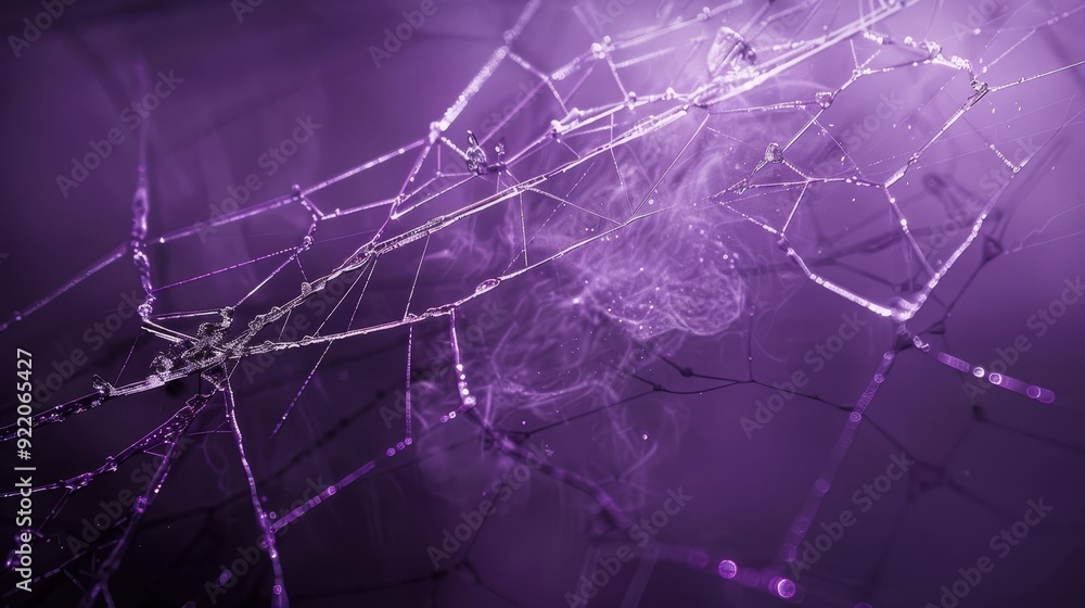 Poster a close-up of a spider web with dew drops, creating a beautiful and intricate pattern. the purple li