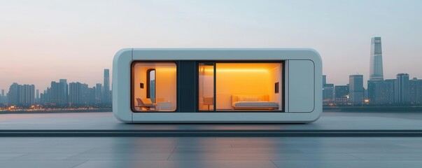 Obraz premium Futuristic capsule house with a minimalist design, modular structure, space-saving furniture, clean and simple living environment