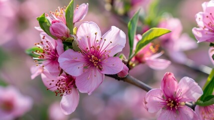 A close-up of delicate pink peach blossoms in full bloom, symbolizing spring, new beginnings, beauty, fragility, and nature's resilience.