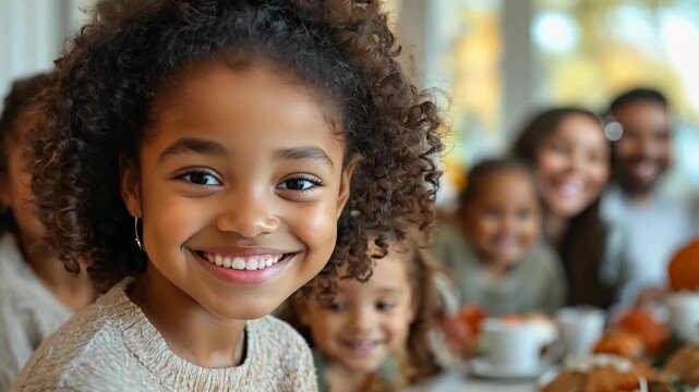 Smiling girl gathers with her family for a festive thanksgiving celebration, surrounded by autumn decorations and pumpkins