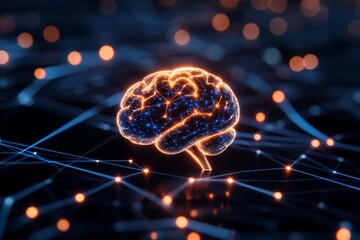 A glowing digital brain sits on a network of connections, representing artificial intelligence or neural networks.