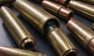 A collection of old brass bullets with a black bullet in the middle