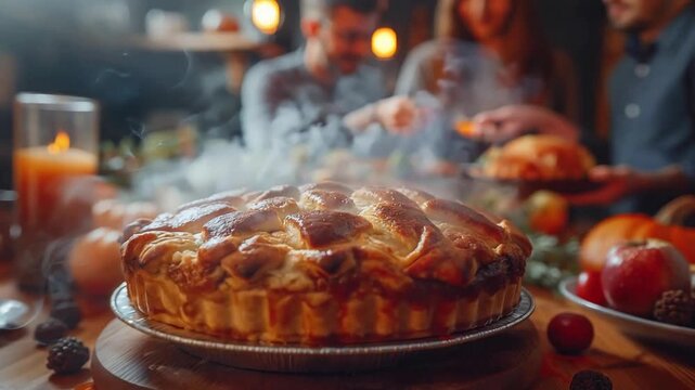 Freshly baked apple pie steaming on a table with family having thanksgiving dinner in background