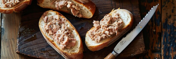 A close-up shot of four tuna salad sandwiches on a rustic wooden board, showcasing the creamy tuna...