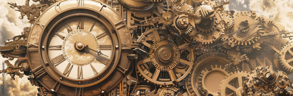 Poster a close-up view of a clock face surrounded by intricate gears, symbolizing precision, time, mechanic