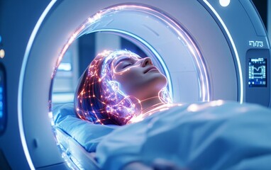 A woman lies inside an MRI machine, her head illuminated with a bright, swirling light.