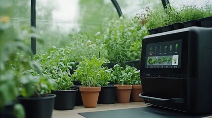 High-tech smart greenhouse with augmented reality plant care and AI-managed environments
