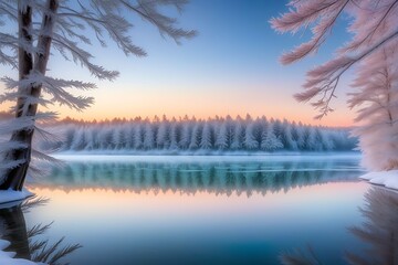 Sunrise on the lake winter landscape