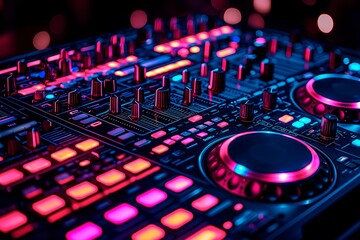 Vibrant DJ mixer console with illuminated controls at a lively nighttime event, copy space for text, dj banner advertising